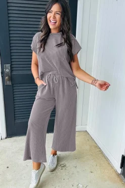 Fashion Dear-Lover Solid Corded Knit Short Sleeve T Shirt and Wide Leg Pants Set Wild Wind