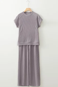 Fashion Dear-Lover Solid Corded Knit Short Sleeve T Shirt and Wide Leg Pants Set Wild Wind