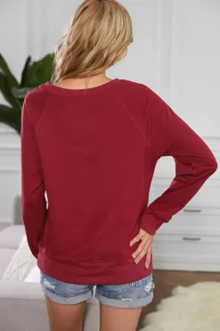 Outlet Dear-Lover Wine Solid Crew Neck Pullover Sweatshirt Fiery Red