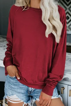 Outlet Dear-Lover Wine Solid Crew Neck Pullover Sweatshirt Fiery Red