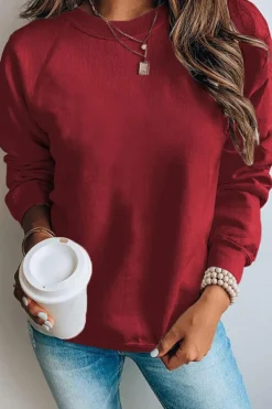 Outlet Dear-Lover Wine Solid Crew Neck Pullover Sweatshirt Fiery Red