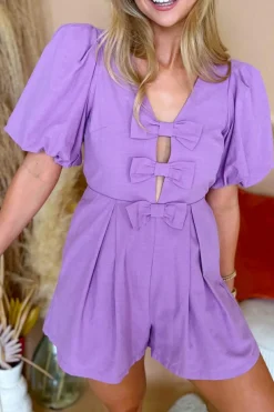 Fashion Dear-Lover Bow Decor Front V Neck Puff Sleeve Romper Wisteria