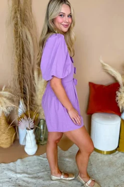 Fashion Dear-Lover Bow Decor Front V Neck Puff Sleeve Romper Wisteria