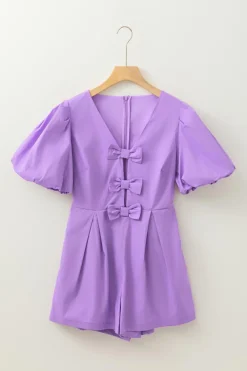 Fashion Dear-Lover Bow Decor Front V Neck Puff Sleeve Romper Wisteria