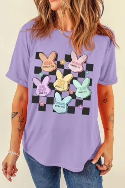 Outlet Dear-Lover Bunny Bible Verses Checkered Print Easter T Shirt Wisteria