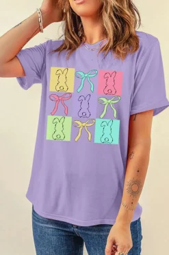 Clearance Dear-Lover Bunny Bow Plaid Print Easter Fashion Tee Wisteria