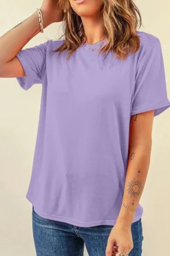 Discount Dear-Lover Casual Plain Crew Neck Tee Wisteria