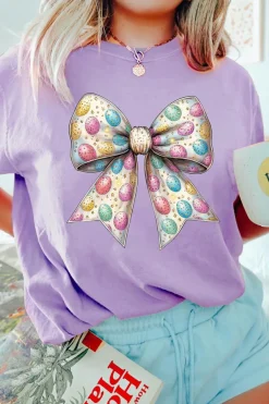 Discount Dear-Lover Celebrative Easter Eggs Bow Print Casual T Shirt Wisteria
