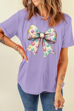 Discount Dear-Lover Celebrative Easter Eggs Bow Print Casual T Shirt Wisteria