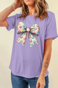 Discount Dear-Lover Celebrative Easter Eggs Bow Print Casual T Shirt Wisteria