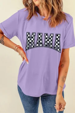 Online Dear-Lover Checkerboard MAMA Graphic Crewneck Tee Wisteria