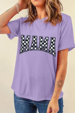 Online Dear-Lover Checkerboard MAMA Graphic Crewneck Tee Wisteria