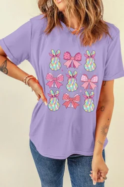 Fashion Dear-Lover Dotty Bowknot Bunny Graphic Crewneck Easter Fashion T Shirt Wisteria