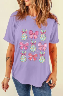 Fashion Dear-Lover Dotty Bowknot Bunny Graphic Crewneck Easter Fashion T Shirt Wisteria