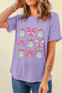 Fashion Dear-Lover Dotty Bowknot Bunny Graphic Crewneck Easter Fashion T Shirt Wisteria