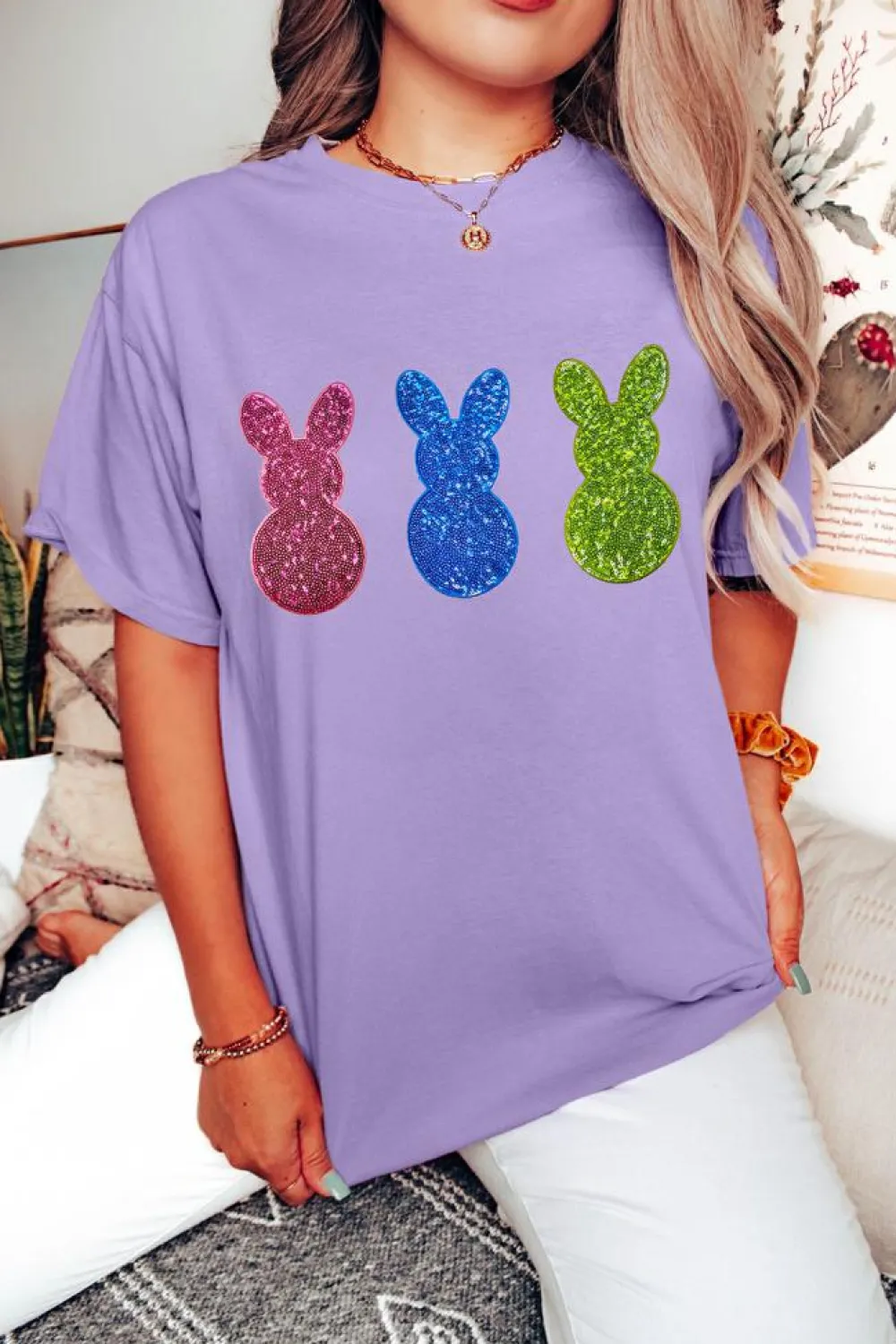 Best Dear-Lover Easter Shiny Bunny Graphic Crewneck T Shirt Wisteria