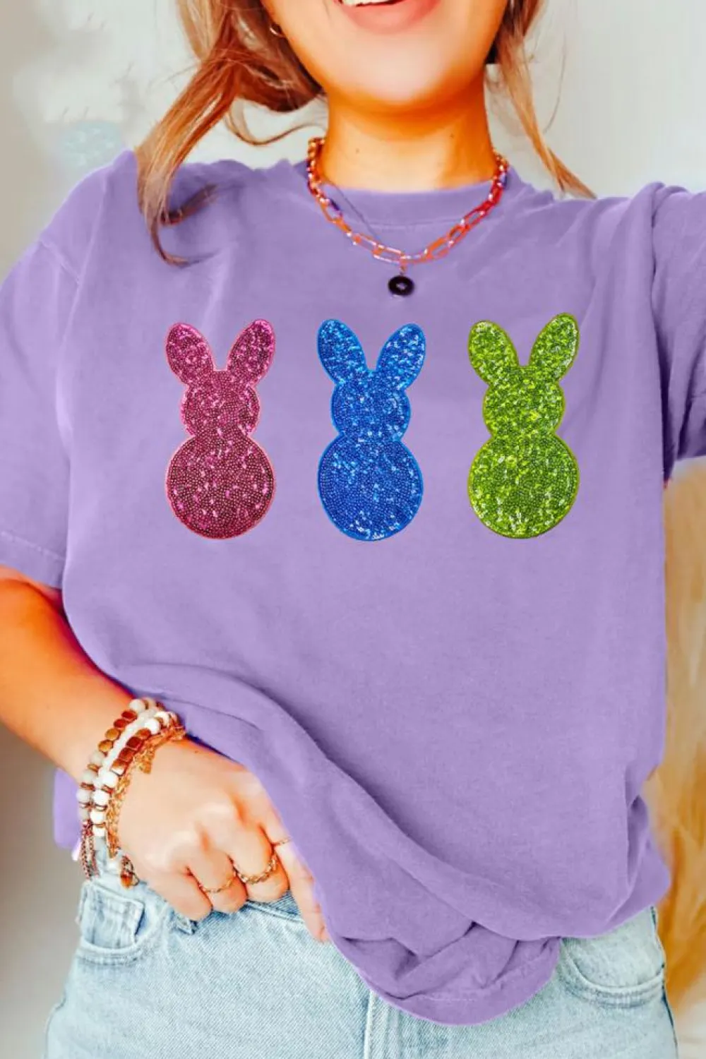 Best Dear-Lover Easter Shiny Bunny Graphic Crewneck T Shirt Wisteria