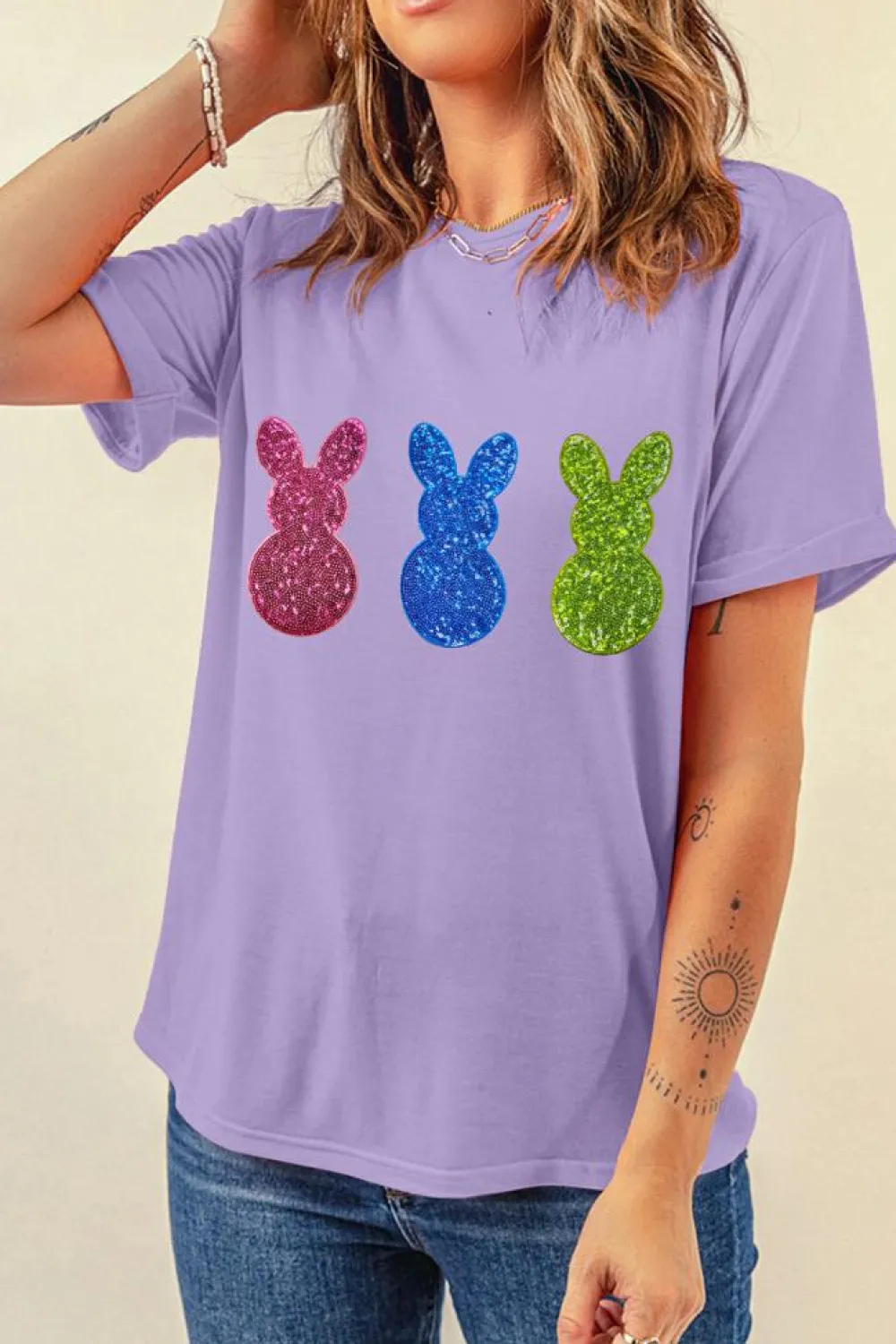 Best Dear-Lover Easter Shiny Bunny Graphic Crewneck T Shirt Wisteria