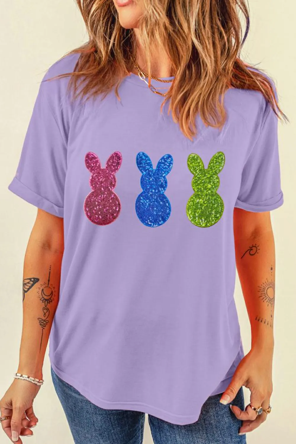 Best Dear-Lover Easter Shiny Bunny Graphic Crewneck T Shirt Wisteria