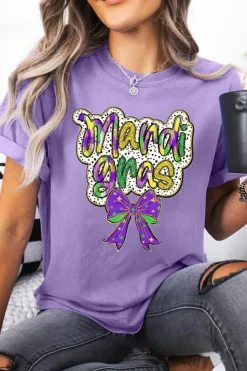 Best Dear-Lover mardi gras Bow Printed Crewneck Holiday T Shirt Wisteria