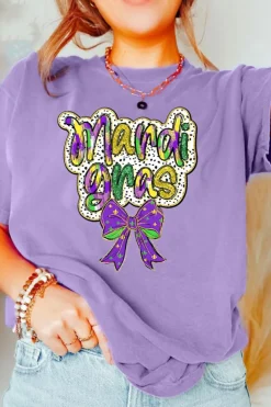 Best Dear-Lover mardi gras Bow Printed Crewneck Holiday T Shirt Wisteria