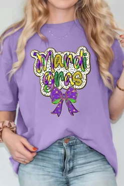 Best Dear-Lover mardi gras Bow Printed Crewneck Holiday T Shirt Wisteria