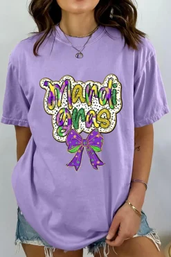 Best Dear-Lover mardi gras Bow Printed Crewneck Holiday T Shirt Wisteria