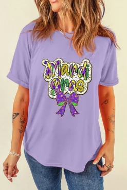 Best Dear-Lover mardi gras Bow Printed Crewneck Holiday T Shirt Wisteria