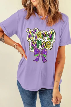Best Dear-Lover mardi gras Bow Printed Crewneck Holiday T Shirt Wisteria