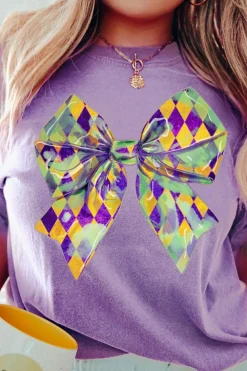 Discount Dear-Lover Mardi Gras Bowknot Pattern Crew Neck T Shirt Wisteria
