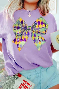 Discount Dear-Lover Mardi Gras Bowknot Pattern Crew Neck T Shirt Wisteria