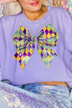 Discount Dear-Lover Mardi Gras Bowknot Pattern Crew Neck T Shirt Wisteria
