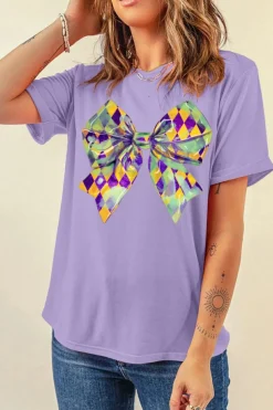 Discount Dear-Lover Mardi Gras Bowknot Pattern Crew Neck T Shirt Wisteria