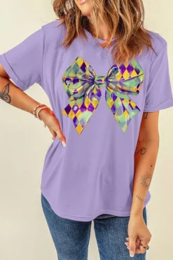 Discount Dear-Lover Mardi Gras Bowknot Pattern Crew Neck T Shirt Wisteria