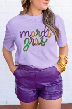 Clearance Dear-Lover Sequin mardi gras Graphic T Shirt Wisteria