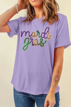 Clearance Dear-Lover Sequin mardi gras Graphic T Shirt Wisteria