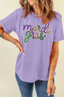 Clearance Dear-Lover Sequin mardi gras Graphic T Shirt Wisteria