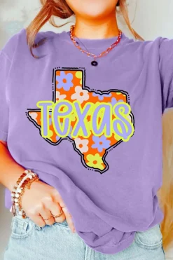 Discount Dear-Lover TEXAS Flower Print Crew Neck T Shirt Wisteria