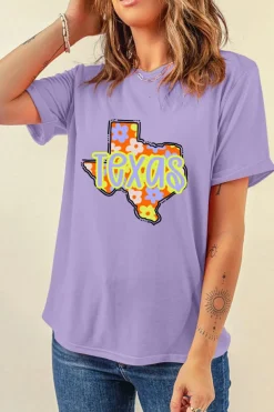 Discount Dear-Lover TEXAS Flower Print Crew Neck T Shirt Wisteria