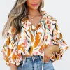 Best Dear-Lover Abstract Print Drawstring Frilled V Neck 3/4 Sleeve Blouse Yellow
