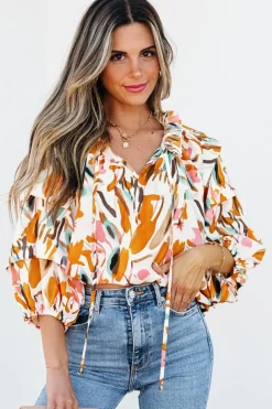 Best Dear-Lover Abstract Print Drawstring Frilled V Neck 3/4 Sleeve Blouse Yellow