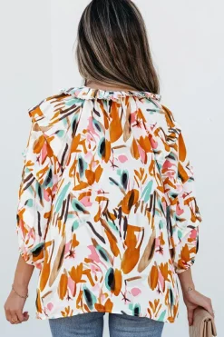 Best Dear-Lover Abstract Print Drawstring Frilled V Neck 3/4 Sleeve Blouse Yellow