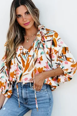 Best Dear-Lover Abstract Print Drawstring Frilled V Neck 3/4 Sleeve Blouse Yellow