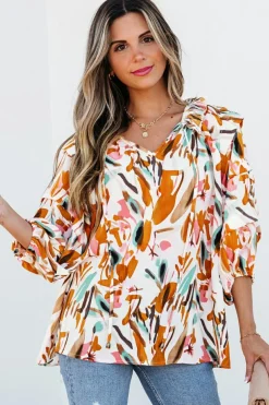 Best Dear-Lover Abstract Print Drawstring Frilled V Neck 3/4 Sleeve Blouse Yellow