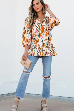 Best Dear-Lover Abstract Print Drawstring Frilled V Neck 3/4 Sleeve Blouse Yellow