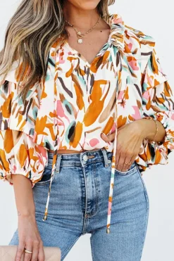 Best Dear-Lover Abstract Print Drawstring Frilled V Neck 3/4 Sleeve Blouse Yellow