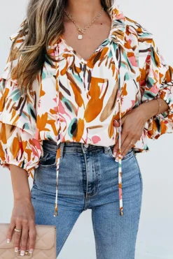 Best Dear-Lover Abstract Print Drawstring Frilled V Neck 3/4 Sleeve Blouse Yellow