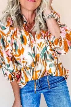 Best Dear-Lover Abstract Print Drawstring Frilled V Neck 3/4 Sleeve Blouse Yellow