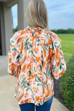 Best Dear-Lover Abstract Print Drawstring Frilled V Neck 3/4 Sleeve Blouse Yellow