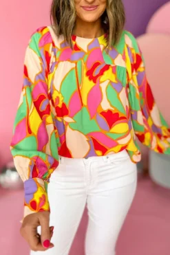 Hot Dear-Lover Abstract Print Puff Sleeve Blouse Yellow